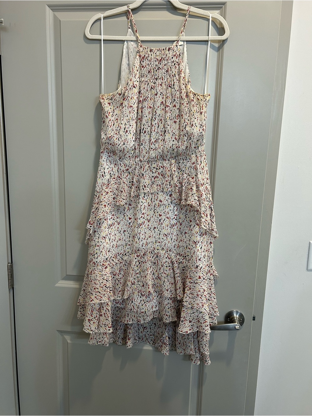 Joie Cream Pleated Spaghetti-Strap Dress with Red, Black and Yellow Speckle